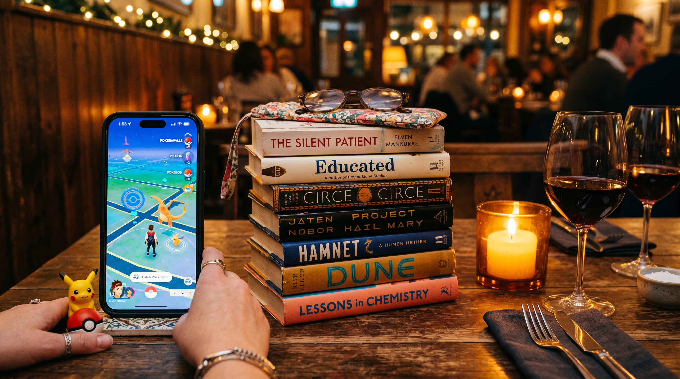 Collage aus Pokémon Go, Büchern und einem Restaurant